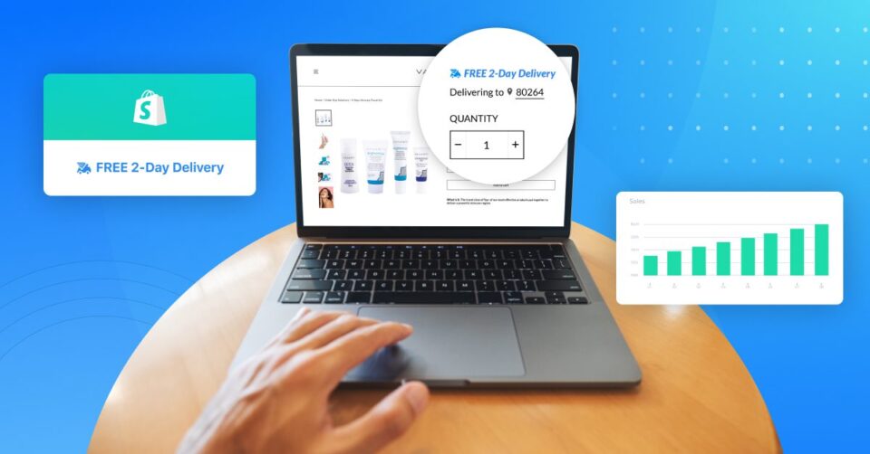 Person shopping online via a laptop with imagery implying brands can increase Shopify sales with fast shipping badges.